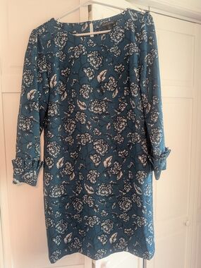 Banana Republic Teal Blue Floral Long-Sleeve Shift Dress